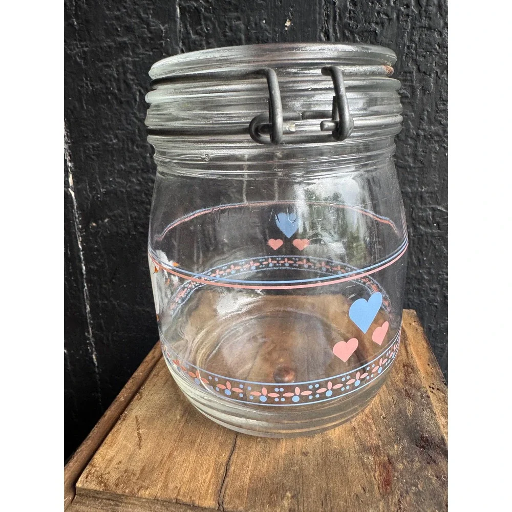 Vintage Arc France Goose Family Glass Canister Wire Bail Jar Hearts 3/4L